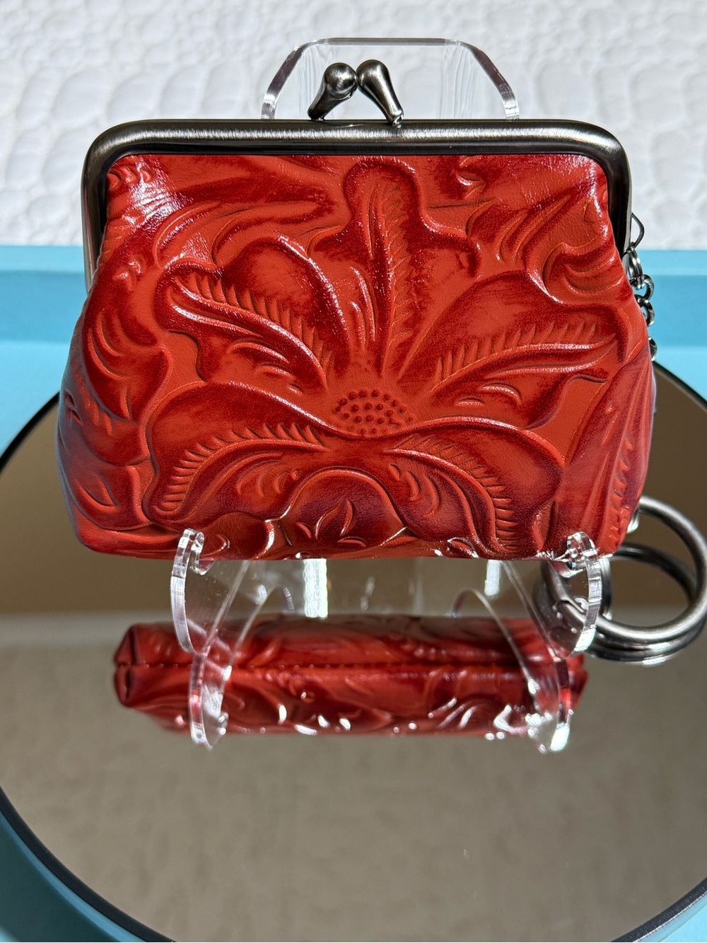 Patricia Nash Red Tooled Leather Kiss Lock Coin Purse